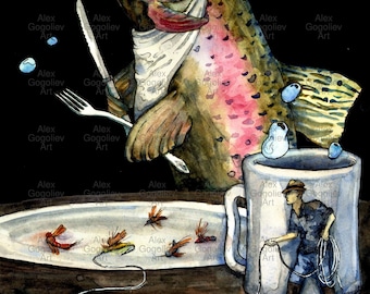 Puede incluir: Una pintura de acuarela de una trucha con un babero y sosteniendo un tenedor, sentada en un plato con moscas encima. Una taza con un pescador dentro está a la derecha del plato. El pescador sostiene una línea de pesca con una mosca al final. El fondo es negro con burbujas azules.