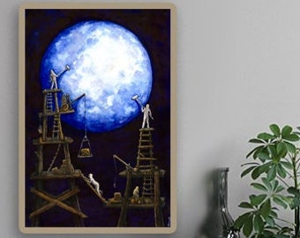 Blue Moon Art, Full Moon Print, Full Moon Poster