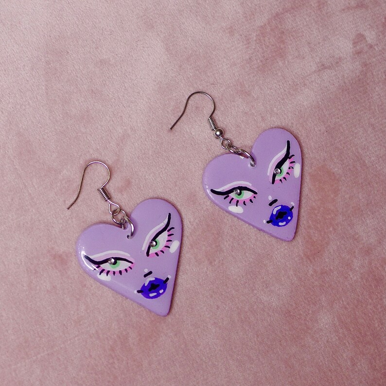 Lilac Handmade Heart Face Earrings Small