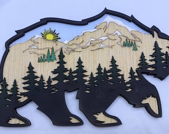 Layered Art - Bear Walking in the mountains, Wood Art, Nature Art, Kids Wall Decor, Children's Room Decor, Wooden Gift