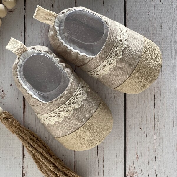 FLAX LINEN & LACE Baby Shoes, Baby Booties, Baby Slippers, Soft Sole Shoes, Baby Mocs, Kickproof Booties, Crib Shoes