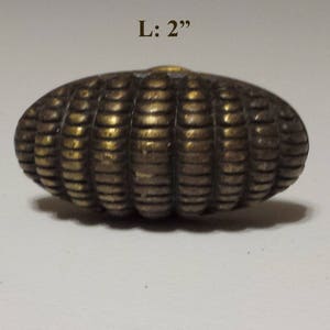 May include: A 2-inch long, oval-shaped, brass cabinet knob with a textured, ribbed design.