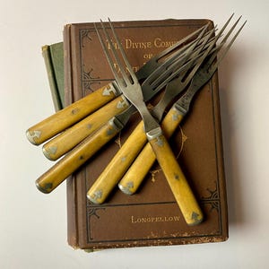 Antique Bone Handled Fork Set | Rustic Farmhouse Flatware | 1800s | Primitive 3-Tine Cutlery with Arrow Inlays | Set of 6