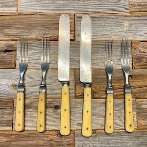 Antique Lamson & Goodnow Bone Handle Flatware Set I S. Falls Works Forks and Knives I Vintage Silverware