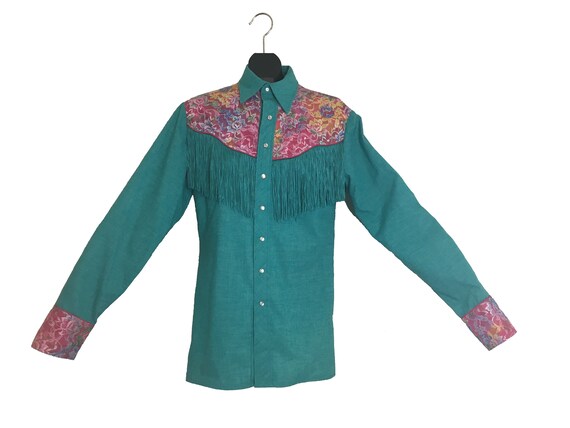 Women's Vintage Western Shirt Teal Green with Fringe and | Etsy