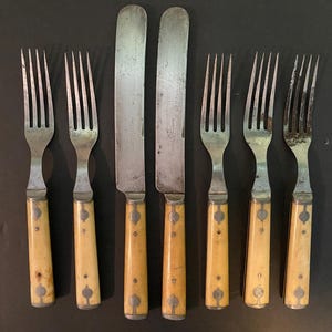 Antique American Cutlery Co Bone & Pewter Handle Flatware I Rare Art Deco Stick and Ball Pewter Design Bone Handle Silverware