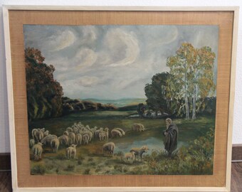 original oil painting Hilmar Wohlgehagen shepherd with sheep 70s style framed meadow idyll landscape picture