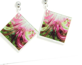 Wonder light square acrylic glass earrings or pendant modern pink green white pattern play of light