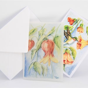 Doppelkarte Kohlibri in  Abutilon Schönmalven Postkarte in Transparentpapier