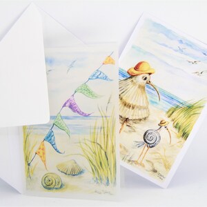 Doppelkarte Strandvögel Muscheln - Wimpelkette Postkarte in Transparentpapier