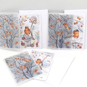 Weihnachtskartenset - 3 Karten mit Transparentpapier umschlossen - Rotkehlchen im Geäst / im Garten / mit Wichteln