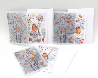 Christmas card set - 3 cards enclosed with tracing paper - robin in branches / in the garden / with elves