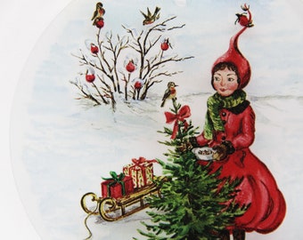 Acrylic glass window picture Christmas rosehip woman Santa woman flower woman round or oval