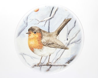 Acrylic glass window picture Christmas robin in the branches round or oval