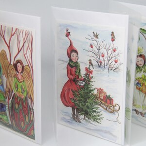 Weihnachtskartenset - 3 Karten mit Transparentpapier umschlossen - Hagebuttenmädchen, Christrosenkind und Waldengel