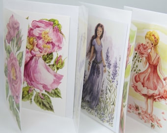 Art Card Set - 3 Cards Wrapped with Transparent Paper - Wild Rose Girl, Lavender Woman and Noble Rose Princess