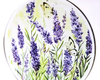 Acrylic glass window picture lavender with butterfly round or oval