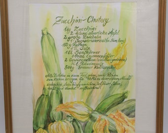 Ines Jaitner original watercolor zucchini chutney recipe kitchen picture framed 40 x 50 cm