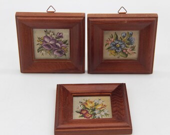 Set of 3 small oil paintings vintage flower pictures Ines Jaitner 80s flowers