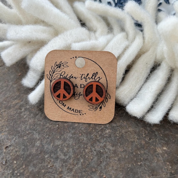 Peace Sign Earrings, Distressed Wooden Studs, Hand-Painted Walnut Earrings, Hypoallergenic, Minimalist Boho Earrings for Sensitive Ears