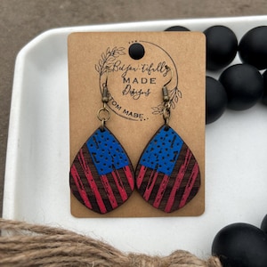 USA Flag Earrings, Patriotic Teardrop Earrings, Red White Blue, Wooden Earrings, 4th of July, hand painted walnut earrings, hypo allergenic