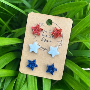 USA Star Earrings, Glitter Star Studs, Patriotic Earrings, Red White Blue Earrings, 4th of July Jewelry, American Flag Earrings, July 4th