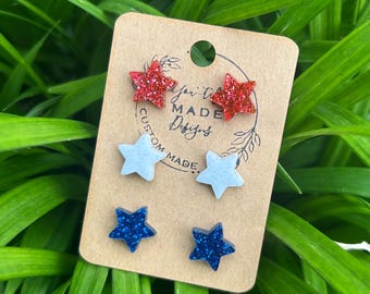 USA Star Earrings, Glitter Star Studs, Patriotic Earrings, Red White Blue Earrings, 4th of July Jewelry, American Flag Earrings, July 4th