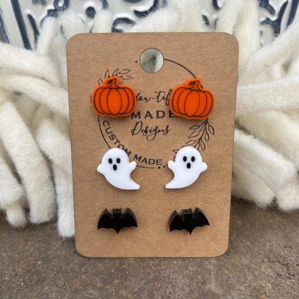 cute Halloween earrings set of 3, boo basket stuffers for women, ghost earrings studs, black cat earrings hypoallergenic, pumpkin earrings