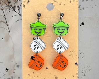 Cute McDonald's Halloween Bucket Dangle Earrings, Boo Bucket, Halloween Bucket, Happy Meal, 80's Retro, 90's Retro, Hand painted Acrylic