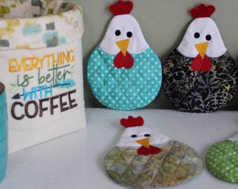 Quilted Chicken Mug Rug, Embroidered Applique Kitchen Decor