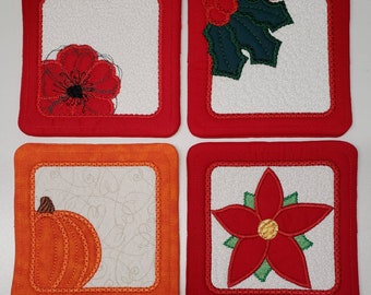 Quilted Fabric Coaster, Embroidered Poppy, Holly, Pumpkin