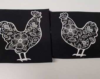 Embroidered Chicken Tea Towel Set, 100% Cotton Kitchen Decor