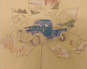 Embroidered Cotton Tea Towel: Farm Truck & Maple Leaf Design
