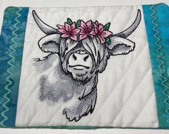 Highland Cow Mug Rug, Embroidered Quilted Fabric Coaster