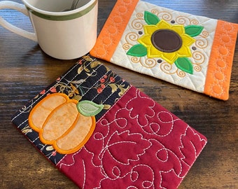Autumn Appliqued Mug Rug: Quilted Sunflower or Pumpkin Coaster