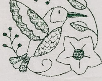 Embroidered Hummingbird Flour Sack Towel, Vintage Kitchen Decor