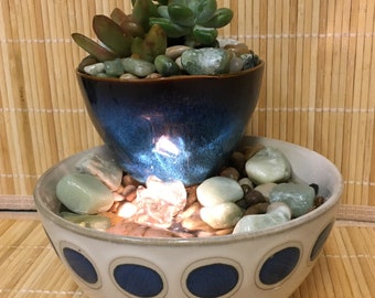 Tranquility Tabletop Blue Dot Water Fountain With Live Succulent Garden, Zen #902