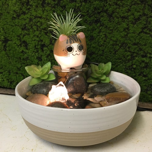Tranquility Tabletop Water Fountain With Kitty Cat Succulent Etsy