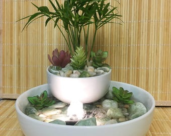 Tranquility Tabletop Water Fountain Garden, Jade, LIVE Palms, Zen #909