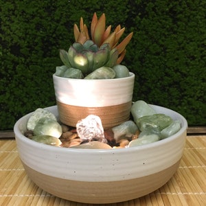 Tranquility Tabletop Stoneware Water Fountain With Matching Live Succulent Garden,  Zen #934