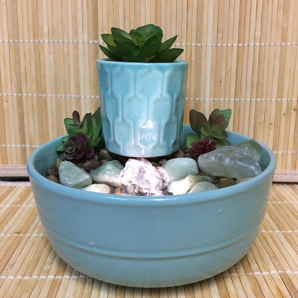 Tranquility Tabletop Elegant Turquoise Water Fountain With Artificial Succulents, Zen #900A