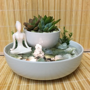 Tranquility Tabletop Jade Water Garden Fountain With Live Succulents And Lady Meditating #839