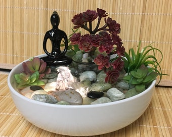 Tranquility Jade Water Garden Fountain Lady Meditating And Oriental Flowering Tree #917