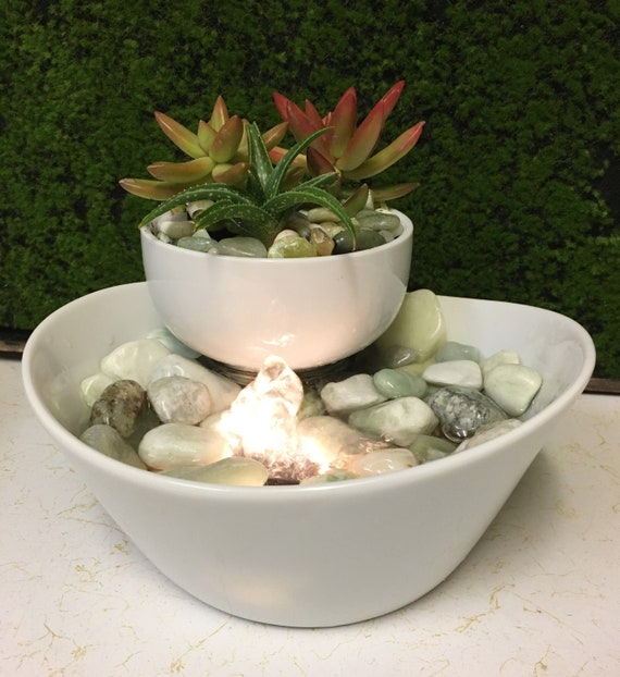 Tranquility Tabletop Water Fountain Garden, Wavy With LIVE Succulents, Zen #694