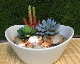 Tranquility Tabletop Water Fountain Garden: Natural With Artificial Succulents, Zen #920