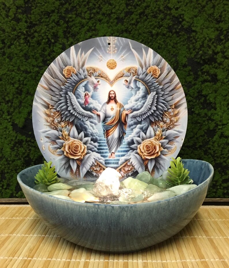 Tranquility Tabletop Water Fountain With Jesus Descending 983 Etsy