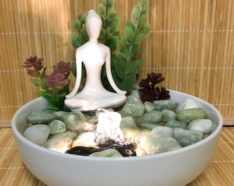 Tranquility Tabletop Jade Water Garden Fountain With Lady Meditating #968