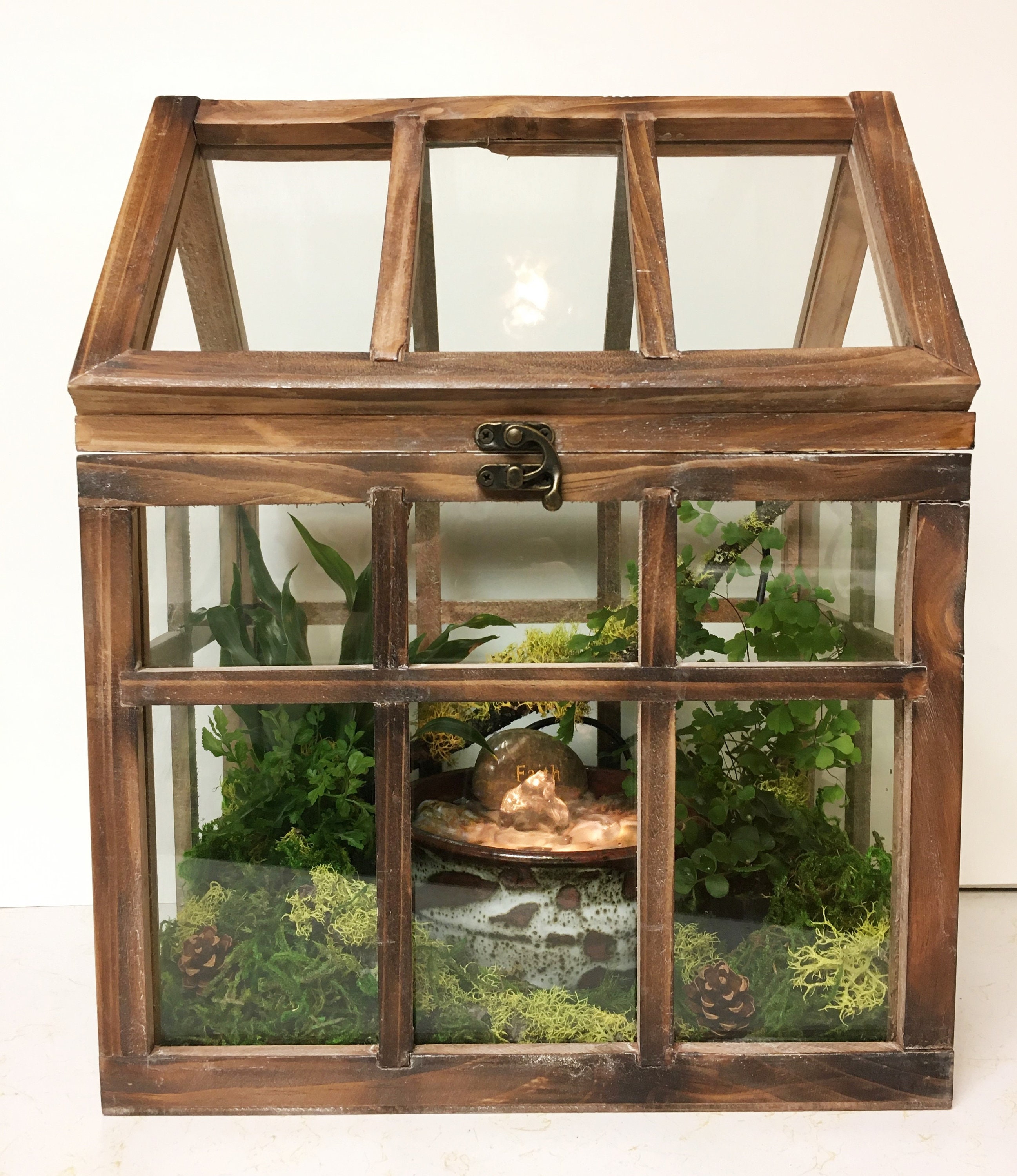 Wooden Terrarium With Tranquility Fountain & Plants Farm Etsy