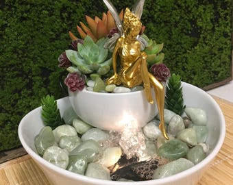 Tranquility Tabletop Water Fountain Garden: LIVE Succulents, Jade And Zen Fairy Lady Sitting #1036