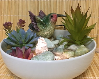 Fountain Tranquility Tabletop Humming Bird Jade Water Fountain Artificial Succulents, Zen #864